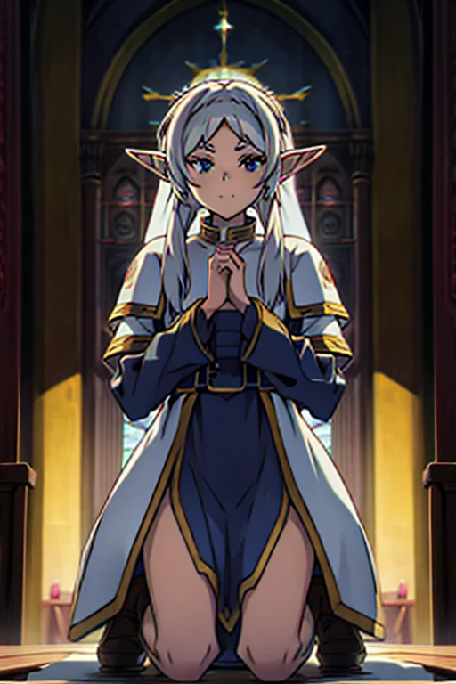 freeze, [elf ears, kneeling in front of the church , 8K image quality ,