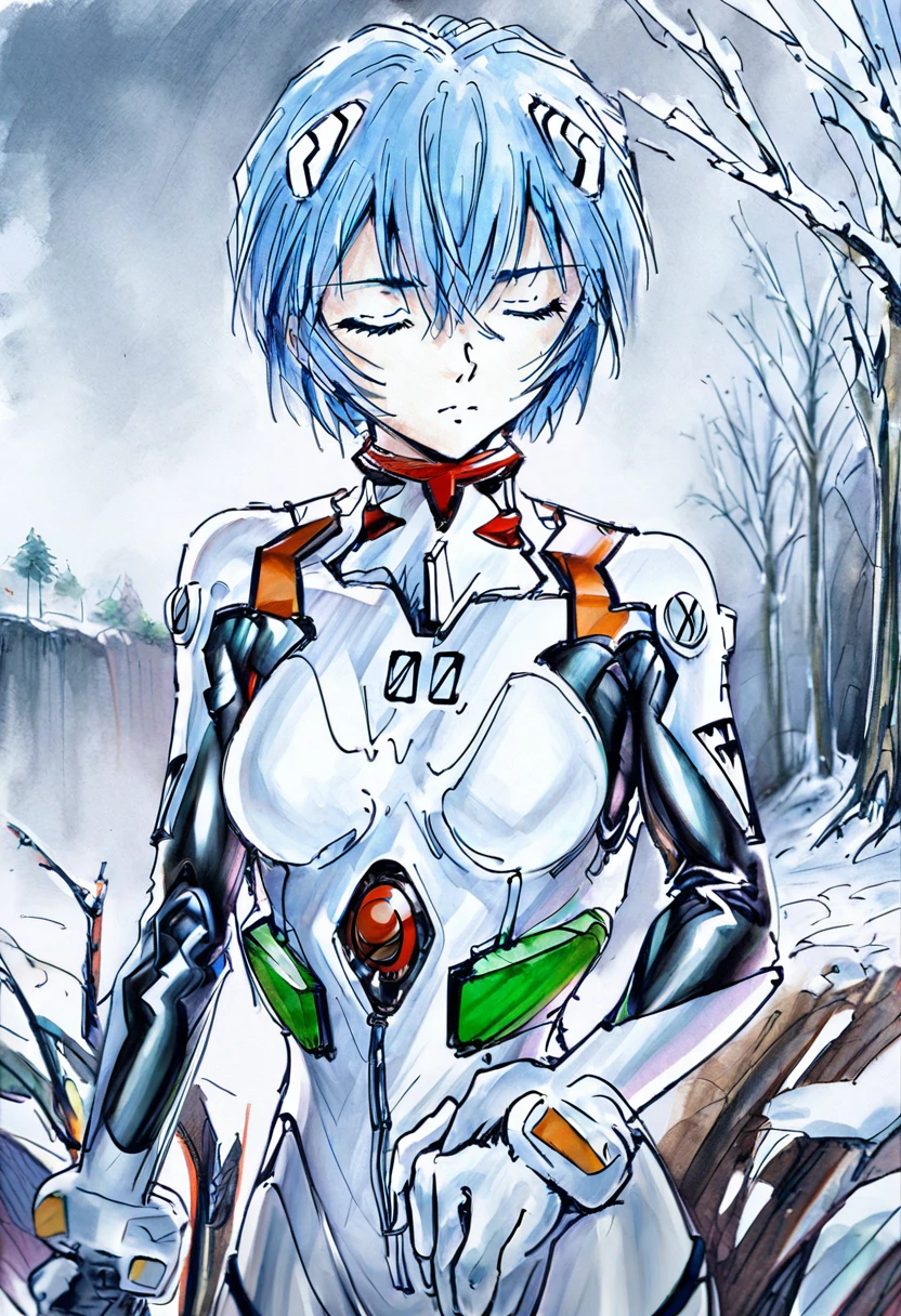 hand-drawn-style, 1girl, ayanami rei, neon genesis evangelion, bangs, short hair, blue hair, hair between eyes, hair ornament, interface headset, closed eyes, closed mouth, bodysuit, plugsuit, white bodysuit, breasts, medium breasts, cowboy shot, BREAK simple background, snow, trees, cloudy sky, masterpiece, best quality, absurdres