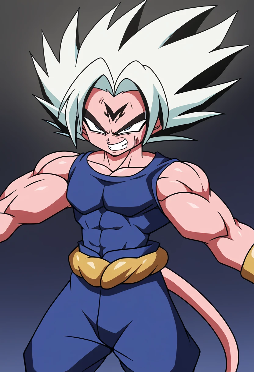 Highest quality,Based on anatomy,Huge muscles,Vegeta and Kogenta (onmyou taisenki)Mix with,Devil's Body,Sexually attractive gestures,((Shiny skin,Glowing Skin,The moment the demon takes over your body,Enormous wings and horns growing,A look filled with evil intent)),Grin,majin body,majin face,majin vegeta,Zoom out,