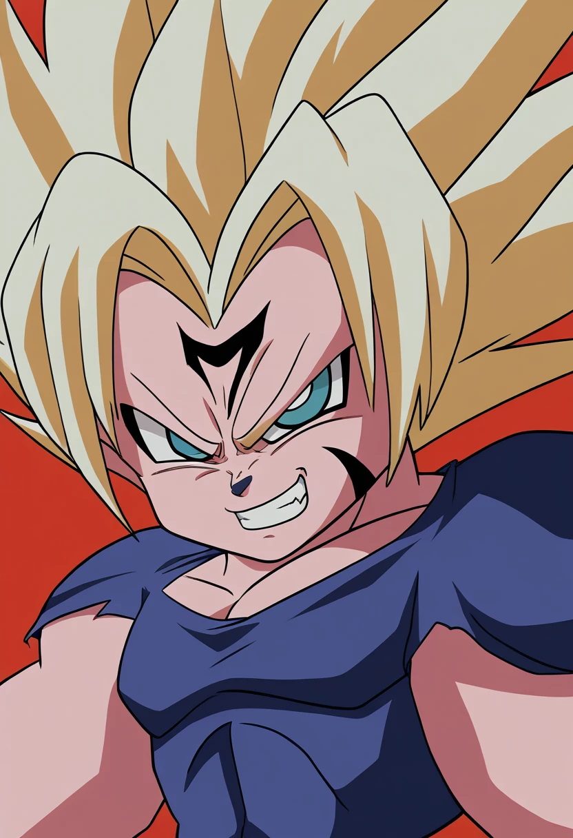 Highest quality,Based on anatomy,Huge muscles,Vegeta and Kogenta (onmyou taisenki)Mix with,Devil's Body,Sexually attractive gestures,((Shiny skin,Glowing Skin,The moment the demon takes over your body,Enormous wings and horns growing,A look filled with evil intent)),Grin,majin body,majin face,majin vegeta,Zoom out,