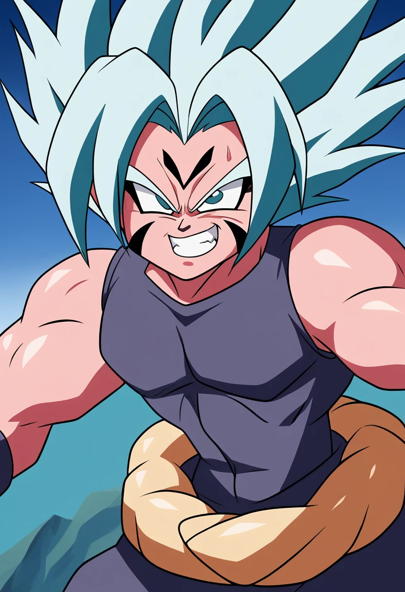 Highest quality,Based on anatomy,Huge muscles,Vegeta and Kogenta (onmyou taisenki)Mix with,Devil's Body,Sexually attractive gestures,((Shiny skin,Glowing Skin,The moment the demon takes over your body,Enormous wings and horns growing,A look filled with evil intent)),Grin,majin body,majin face,majin vegeta,Zoom out,