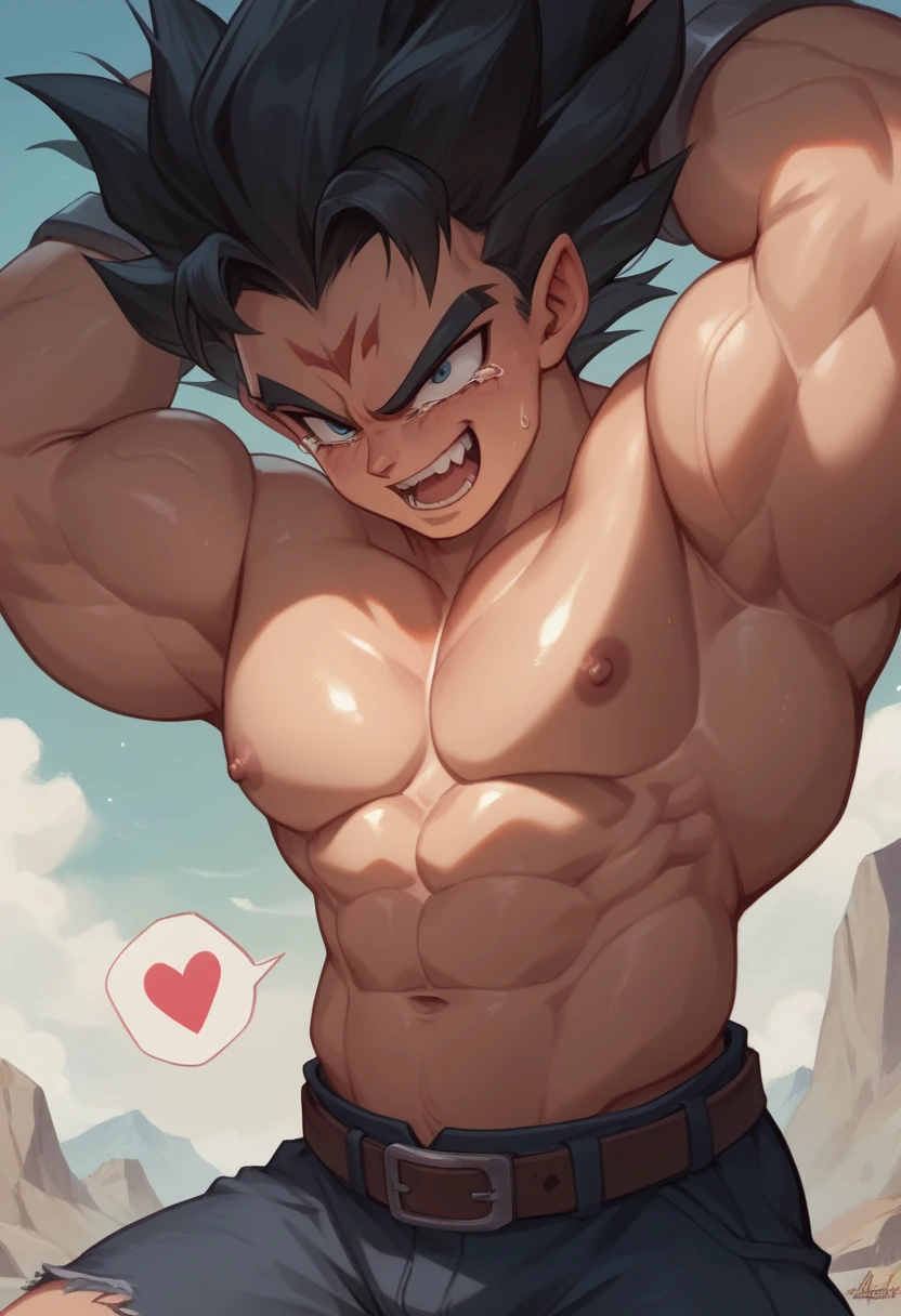 Highest quality,Based on anatomy,Huge muscles,A mix of Vegeta and Kogenta,Devil's Body,Sexually attractive gestures,Shiny skin,Glowing Skin,Being possessed by the devil,Tears,I see the shadow of a black devil entering my body,Evil Heart,Spread your arms wide and let out a roar,Zoom out