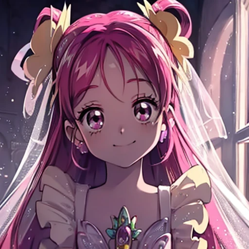 Light from the front, Perfect Face, 1 Girl, , Pretty Cure, White skin, Pink Hair, Distinctive long hair, Yellow hair ornament, White Veil, Pink Eyes, White Long Wedding Dress, original design, Cure Dream, rose, butterfly, beautiful, Princess, cute, smile, kind, Soft, pastel, looking at the camera, Front facing, Front Light, noon