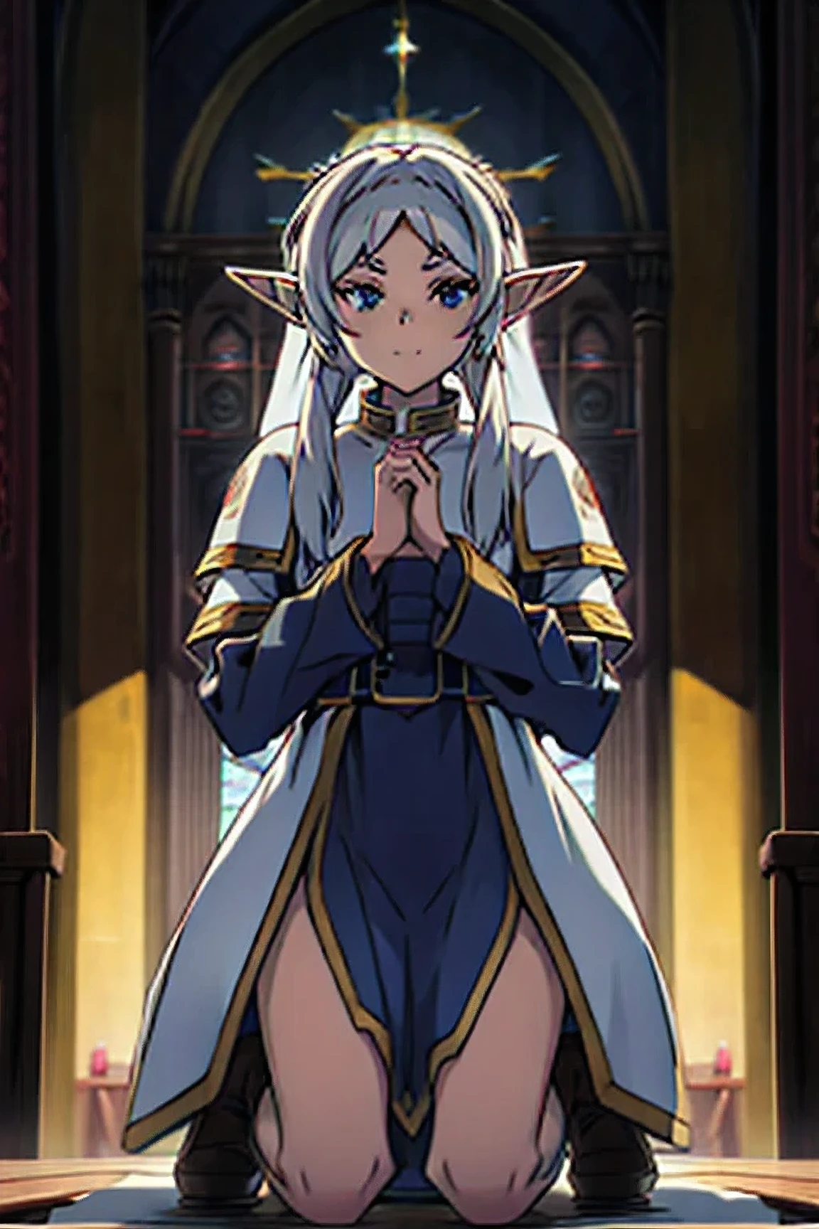 freeze, [elf ears, kneeling in front of the church , 8K image quality ,