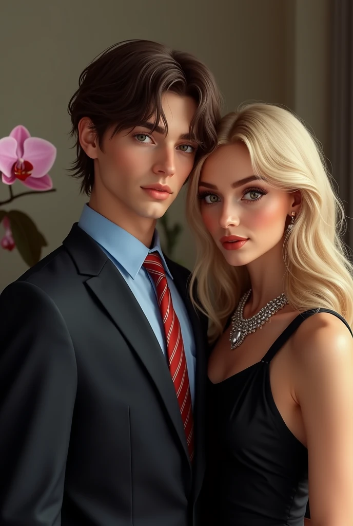 photorrealistic, generate an illustration of a beautiful couple in a mansion. The man has dark, short hair in a masculine cut, model beauty, STRIKING FEATURES, clear blue eyes and a virile body.
the woman is blonde, has very long, straight hair, green eyes shine and classic beauty denotes elegance and femininity.
