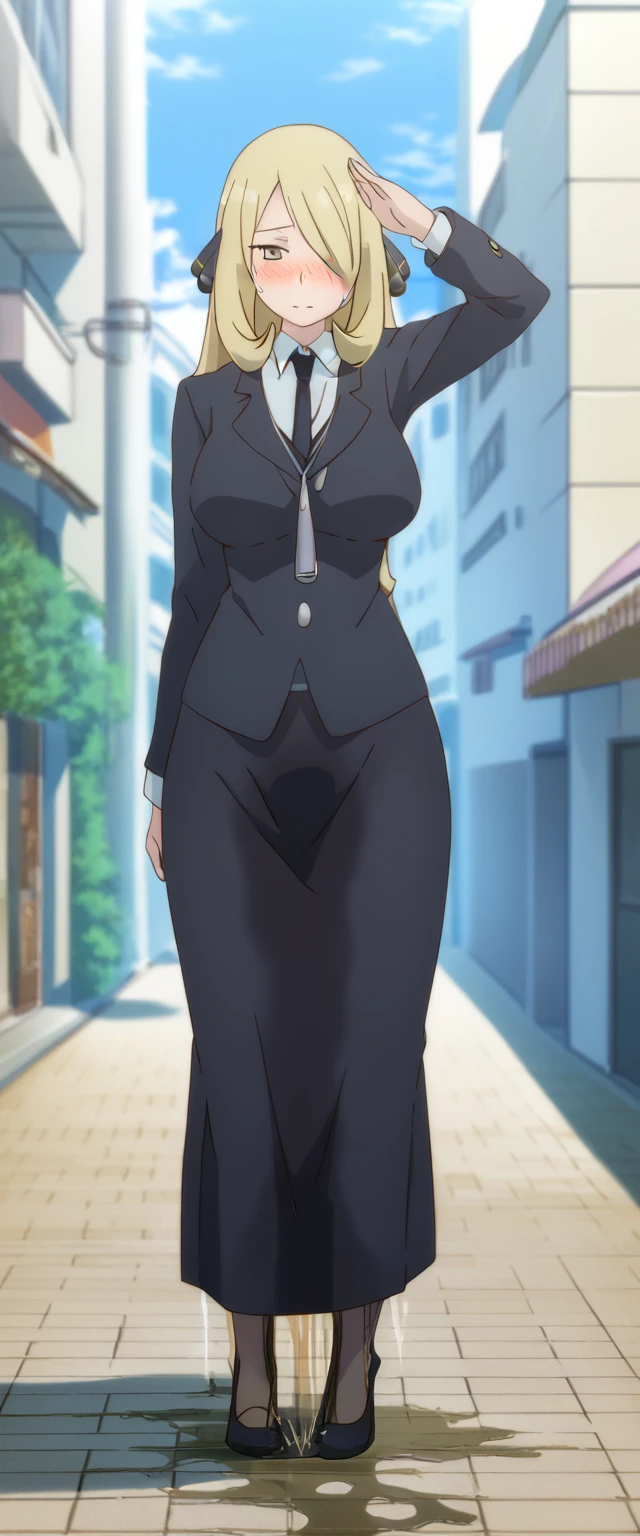 (high quality,Very detailed:1.37, High resolution), 2d, anime, anime style, anime source, Woman, Cynthia \(Pokemon\), business suit, necktie, (long skirt:1.25), (pencil skirt:1.5), pantyhose, huge breasts, cleavage, looking at viewer, masterpiece, best quality, (wetting self:1.5), desperation, embarrassed, humiliation, (blushing:2.0), (angry:1.5), (clenched teeth:1.5), standing, (salute:1.5), city