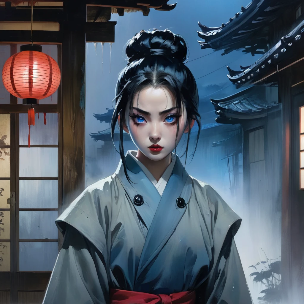 1girl, perplexed face, expressive blue eyes, black hair bun , dressed in a trench coat, inside an old japanese house at night, a monster watches her from afar, there are blood stains and fog in background, detail richness, masterpiece, best quality, horror atmosphere, Fumiya Sumio style, Spirit Hunter Death Mark style