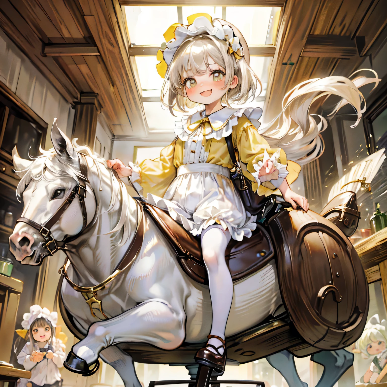 Adorable baby girl with brown eyes and light beige hair, wearing a frilly yellow baby bonnet, a frilly yellow shirt, a frilly white diaper, and white stockings, riding a wooden rocking horse, smiling