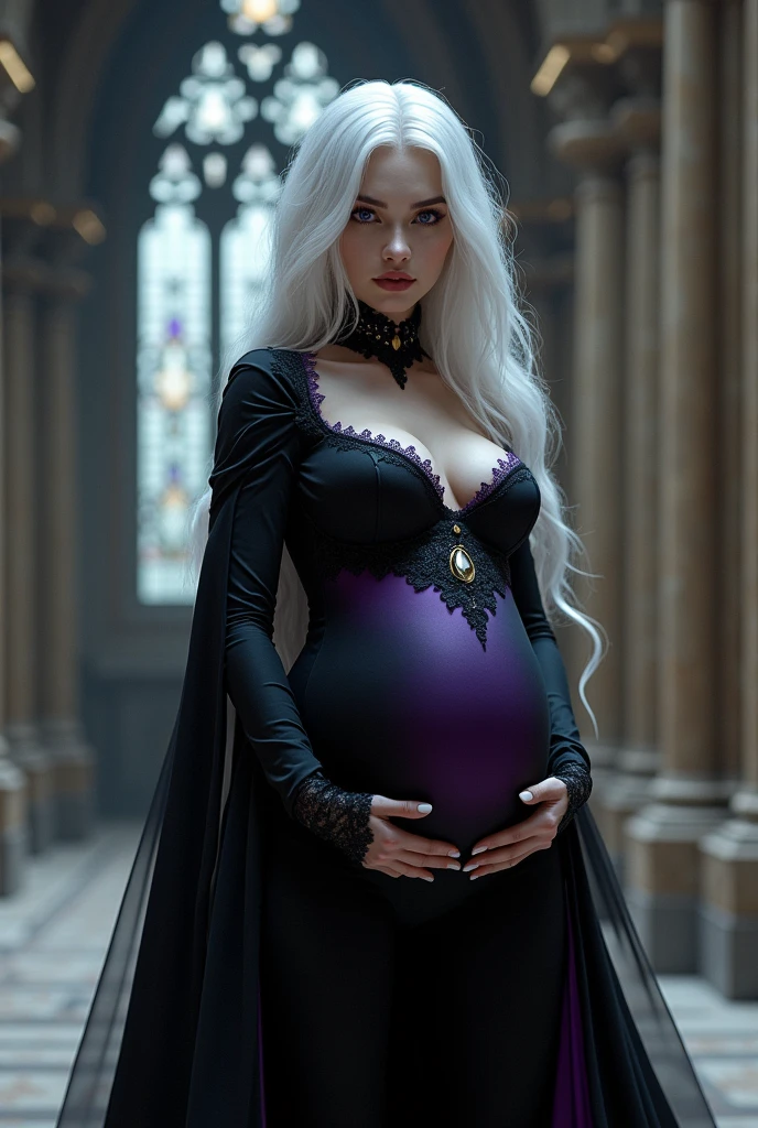 Description of Lilith, The vampire empress, Pregnant in the Dark Palace:Lilith is standing in the main hall of the palace, surrounded by an aura of mystery and supernatural power, now with added softness and promise of life. Her snow-white hair falls in soft waves over her shoulders., contrasting dramatically with her perfectly immaculate skin. Your eyes are deep red like rubies, emitting a hypnotic glow that reveals his ancestry and his absolute dominance over all vampires.next to her, in guard position, are your faithful vampires with hair as black as night and eyes as red as burning embers, keeping a protective watch around his sovereign.The palace hall is a dark stone Gothic fortress, with massive columns of black marble that seem to merge with the surrounding shadows. Tapestries adorn the walls, depicting scenes of war and victory that echo throughout the centuries of his vampiric reign, now lit in a softer and more welcoming way.Lilith, now pregnant, radiates an aura of serenity and expectation. She is dressed in a long black velvet dress, delicately adjusted to accommodate the new life growing within her. Your hands rest gently on your belly, a gesture that mixes power and femininity, a symbol of her duality as leader and mother.She stands with a majestic and determined posture, his domineering presence undiminished, but rather amplified by imminent motherhood. His eyes scan the room with a mix of determination and anticipation., aware that she is about to give birth to not just an heir, but a new era of your immortal reign.
