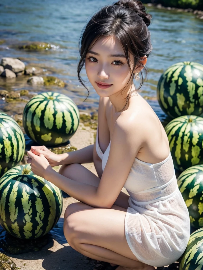 Model and background intact, Beautiful woman in front of watermelon, magazine pose, 