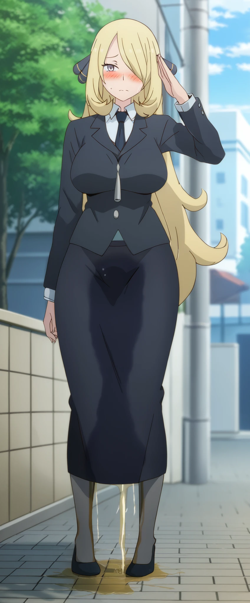 (high quality,Very detailed:1.37, High resolution), 2d, anime, anime style, anime source, Woman, Cynthia \(Pokemon\), business suit, necktie, (long skirt:1.25), (pencil skirt:1.5), pantyhose, huge breasts, cleavage, looking at viewer, masterpiece, best quality, (wetting self:1.5), desperation, embarrassed, humiliation, (blushing:2.0), standing, (salute:1.5), city