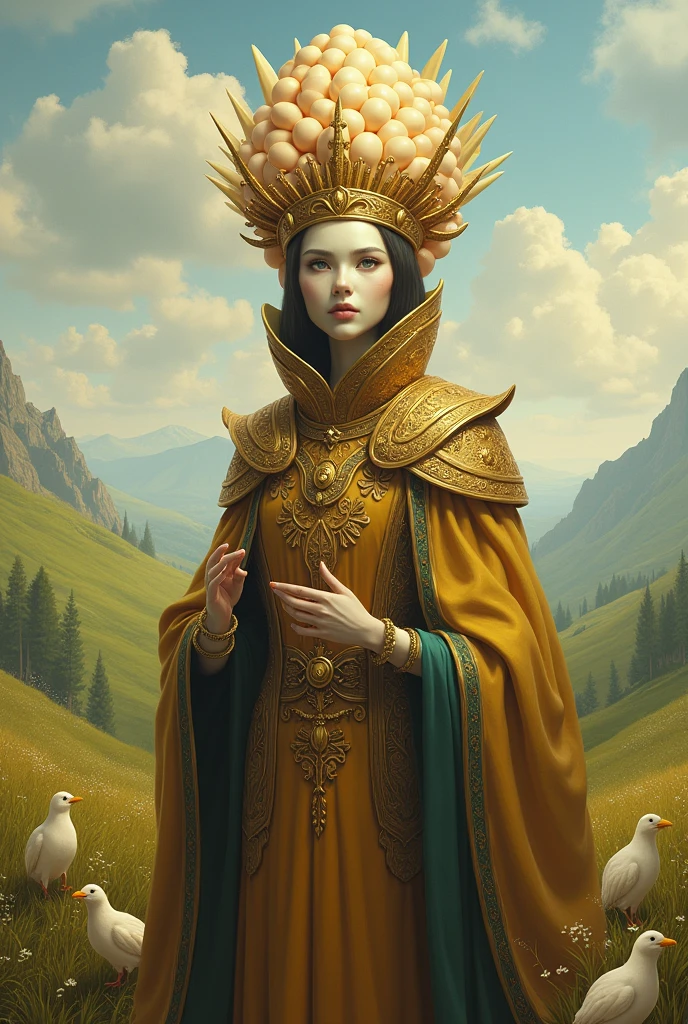 Tarot, queen of coins, a woman, brown hair, sensual, fertile, rich, sitting on a golden throne, (holding a gold coin), (a scepter), (a scepter), (wearing a crown), wearing a dark green outfit with embroidery, a green robe, ((a rabbit)), a goat, scene in the garden, grapes, leaves, clear day, ultra realistic, photorealistic, 4k, highly detailed details, intricate details, 8k