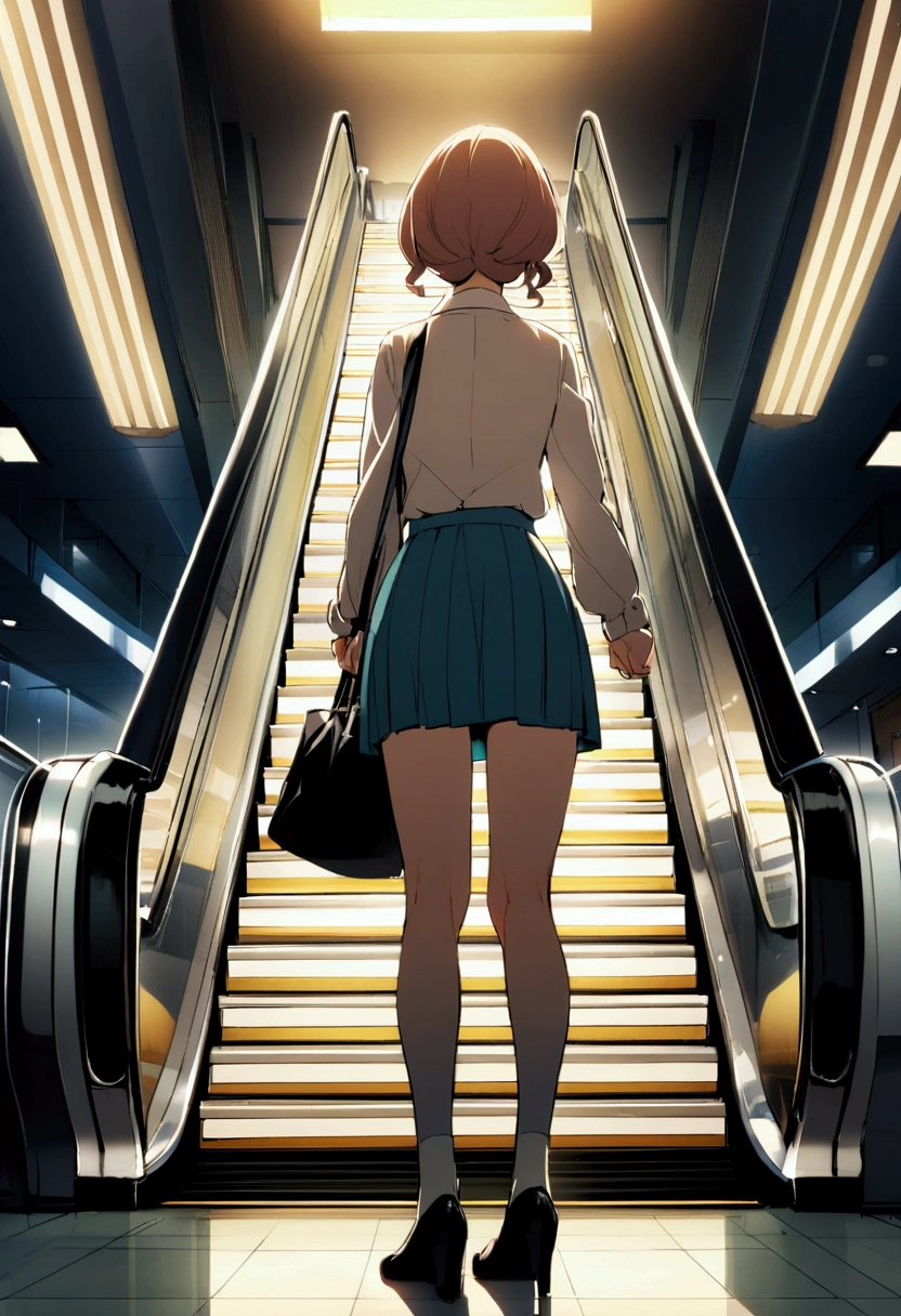 Woman standing on a glass escalator。underpants