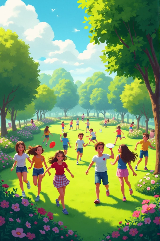Create realistic drawings of a group of boys and girls playing, proportionally sized house, backyard garden, colorful flowers, big tree, three girls and three boys
Make sure the drawings capture the essence of each scene, evoke a sense of wonder and appeal to young readers. Illustrations should be colorful, detailed and bring the story to life. Thanks!