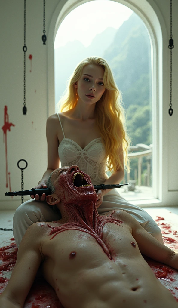 (((photorealistic:1.4))), ultra realistic, pores, (((masterpiece))),high quality, ultra details, realistic white skin beautiful face pretty korean idol girl showing very long sharp black shiny fingernails, random expression, model pose, very pretty, vein on hands, wearing sexy bloody outfit, ring on fingers, long yellow hair, long earrings, big necklace, sitting on the throne with high heels stepping on tired expression of realistic ugly old man tied up on the floor with throat ripped, show organs, get burned, no hands and legs, hose on the body, scratch mark, blood splatter everywhere, all army tragically die on the floor and wall with blood everywhere, side POV, neutral lights,