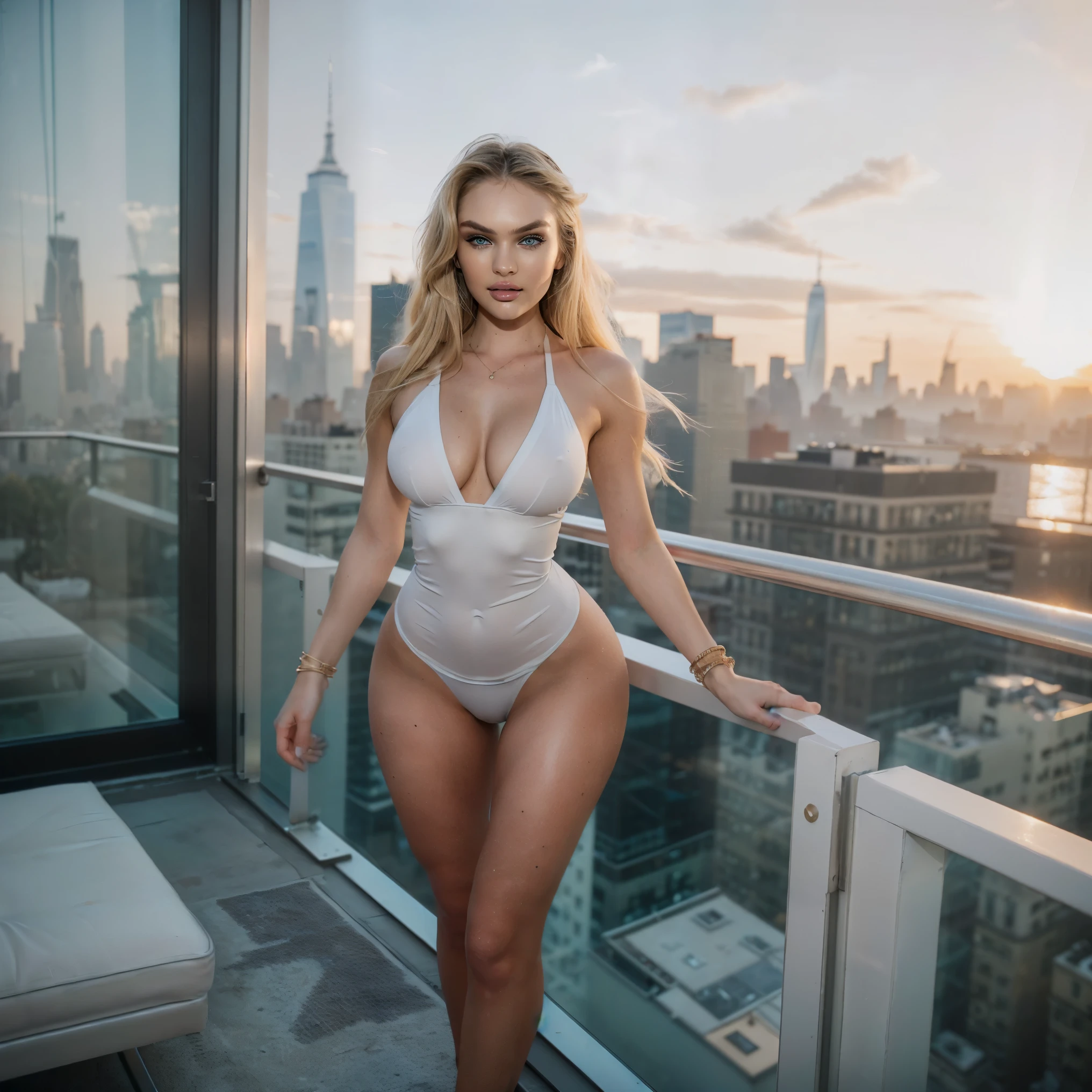 (Best Quality), (ultra-detailliert), (master piece), (hight resolution), 16K resolution, 1 woman, alone, 20 years old, Candice Swanepoel, looking at viewer, close up shot, close up portrait, frontal shot, sassy smile, lustful facial expression, (hands on hips:1.2), (Outfit: black lingerie bra, black string tanga.) golden necklace with ruby, bangles, bracelets, ((grey eyes, realistic eyes)), (hydrogen blonde colored hair:1.9), long wavy hair, (beautiful and detailed face, (contoured cheekbones:1.5)), hourglass body shape, slender waist, thin body, narrow shoulders, clean sunbuthed skin, The scene is set in Dubai, standing infront of fountain, right infront of Dubai Fountain, (the Dubai Fountain), skyscrapers in background, sunshine, sunrise, daylight