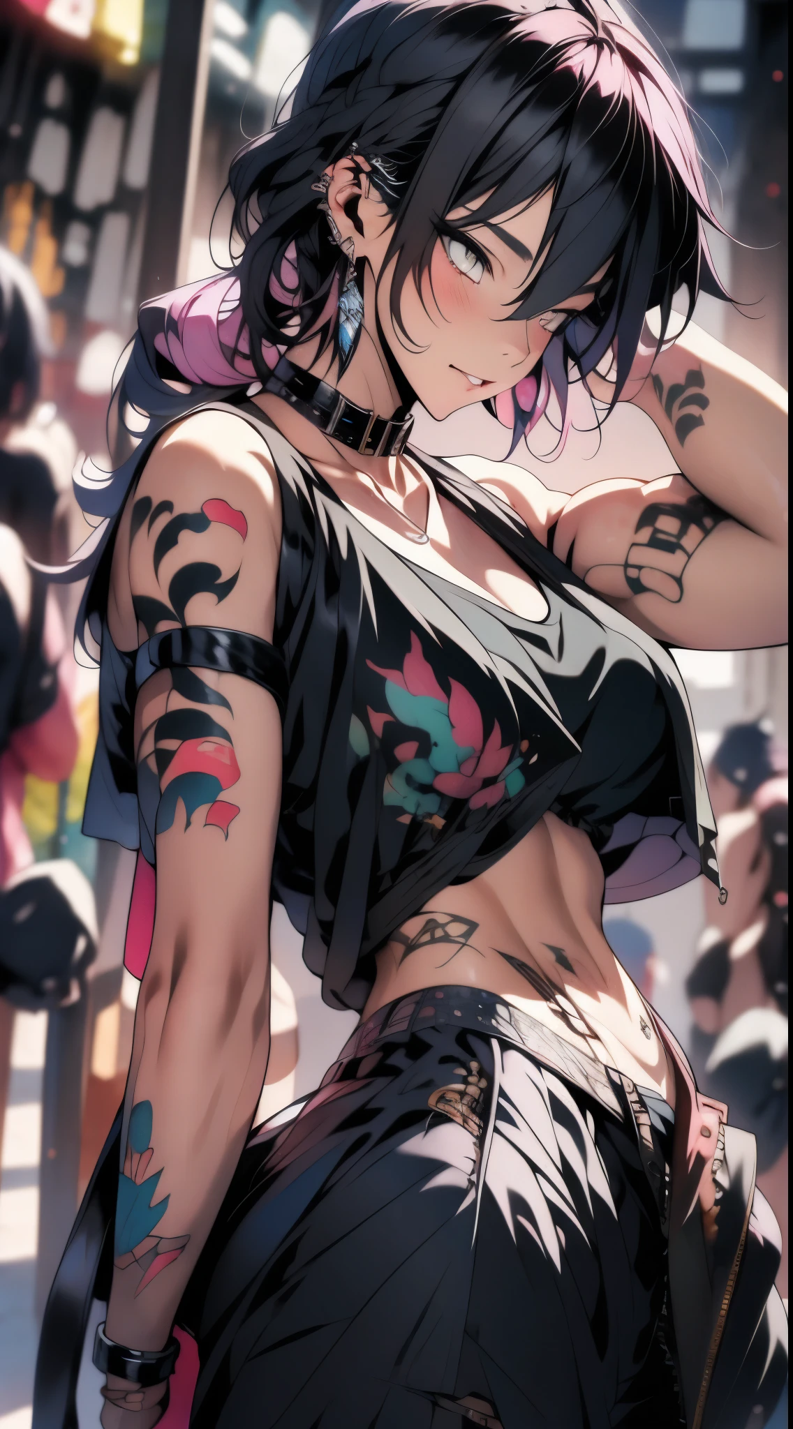 masterpiece, Best Quality, pixiv, cool girl, many piercings, earrings, tattoos, black fur, pink dip dyed hair, grey eyes
