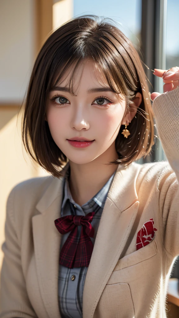 (A beautiful and cute high school girl in a school uniform is in a high school classroom during lunch break, She is wearing a blazer and a plaid pleated skirt as her uniform, with a red ribbon accent around her collar:1.3), 
BREAK 
(Photorealistic, 32k, RAW photo, best quality:1.4), (masterpiece:1.3), (absurdres, attractive, ultra high resolution, ultra realistic, highly detailed, golden ratio, ultra detailed), 
BREAK 
1 beautiful woman, super fucking beautiful detailed face, natural makeup, intricate cloth texture, finely detailed hair texture, beautiful detailed full-body, perfect female form, accurate, Anatomically correct, Highly detailed face and skin texture, (beautiful elegant hands), (realistic skin), (beautiful pale skin:1.1), beautiful Breasts, 
(Perfect dynamic composition, looking at viewer, extreme close-up:1.8),
BREAK 
(School uniform, blazer & plaid pleated & red ribbon accent around her collar, detailed cloth texture), (Earrings), 
BREAK,
realistic eyes, beautiful detailed eyes, symmetric eyes, captivating detailed eyes, light brown eyes, double eyelids, thin eyebrows, (glossy lips:1.4), (kissable expression, blush:1.3), (beautiful smile:1.1), 
BREAK,
((short bob cut, dark brown hair, bangs:1.2)), (Daytime, classroom:1.3)