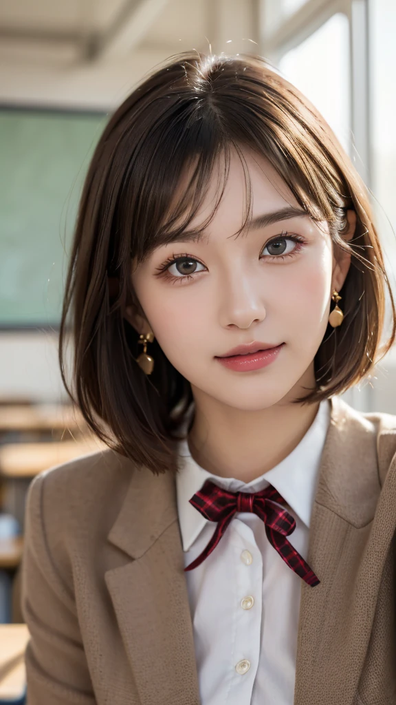 (A beautiful and cute high school girl in a school uniform is in a high school classroom during lunch break, She is wearing a blazer and a plaid pleated skirt as her uniform, with a red ribbon accent around her collar:1.3), 
BREAK 
(Photorealistic, 32k, RAW photo, best quality:1.4), (masterpiece:1.3), (absurdres, attractive, ultra high resolution, ultra realistic, highly detailed, golden ratio, ultra detailed), 
BREAK 
1 beautiful woman, super fucking beautiful detailed face, natural makeup, intricate cloth texture, finely detailed hair texture, beautiful detailed full-body, perfect female form, accurate, Anatomically correct, Highly detailed face and skin texture, (beautiful elegant hands), (realistic skin), (beautiful pale skin:1.1), beautiful Breasts, 
(Perfect dynamic composition, looking at viewer, extreme close-up:1.8),
BREAK 
(School uniform, blazer & plaid pleated & red ribbon accent around her collar, detailed cloth texture), (Earrings), 
BREAK,
realistic eyes, beautiful detailed eyes, symmetric eyes, captivating detailed eyes, light brown eyes, double eyelids, thin eyebrows, (glossy lips:1.4), (kissable expression, blush:1.3), (beautiful smile:1.1), 
BREAK,
((short bob cut, dark brown hair, bangs:1.2)), (Daytime, classroom:1.3)