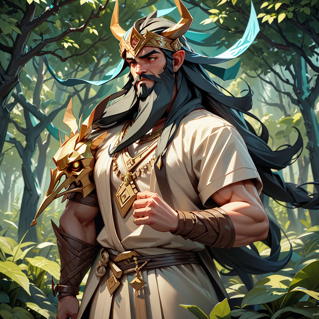 Enkidu, a Middle Eastern wild-man, stands tall in Uruk's dense forest. His thick, black hair and beard cascade down his shoulders. Slightly curved, antelope-like horns decorate his skull, while delicate deer-like ears frame his kind and gentle face. Portrait.