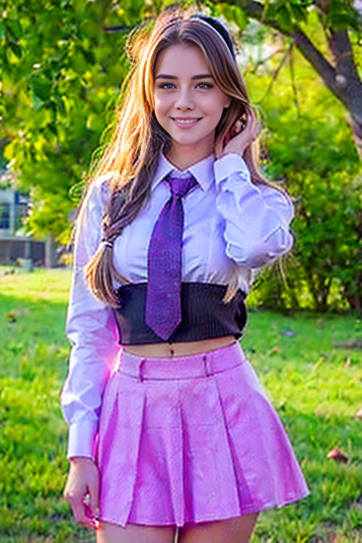 (masterpiece, The best quality:1.2), only, 1 girl , beautiful age girl europea , Caucasian , mlp Adagio Dazzle , cute smug smile , make-up , Red lips , little black jacket , purple casual clothing , the glow of the sunset , 18 years , beautiful teengirl , Teenage l , purple eyes , park , concert  , fluffy blonde hair fluffy blonde hair  , Full body photo  , outfit escolar, uniforme escolar , sexy , cabello largo esponjoso , senos grandes 
