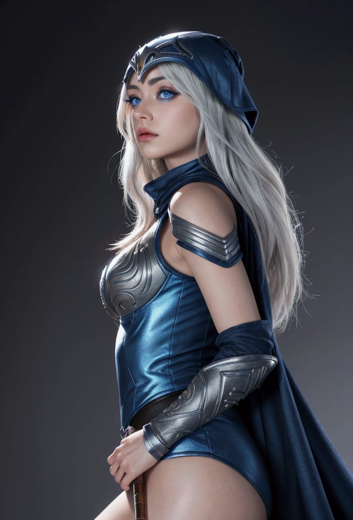 Ashe (League of Legends): Ashe (LoL), Frost Archer, League of Legends' Ashe, Champion Ashe, Ranger of the Frost.
(1girl): one female, single woman, solo female, one girl, lone female character.
(Solo): alone, single, solo shot, individual, unaccompanied.
(Full body photo): full-length shot, whole body view, complete body capture, head-to-toe view, entire figure.
(Low angle shot): upward shot, bottom-up angle, low perspective, below-angle shot, shot from below.
(Masterpiece:1.0): work of art, brilliant piece, artistic creation, magnum opus, superior artwork.
(Best quality:1.4): top-tier quality, highest-grade, premium quality, superior quality, high-end quality.
(Ultra highres:1.2): ultra-high resolution, extreme resolution, super high-definition, extra sharp resolution, HD++.
(Photorealistic:1.4): ultra-realistic, highly lifelike, true-to-life, photo-perfect, vivid realism.
8k resolution: super HD, 8K clarity, ultra HD resolution, 8K sharpness, super crisp resolution.
Absurdres: extreme resolution, extremely high-res, massive resolution, hyper-detailed resolution, extraordinary sharpness.
Ultra detailed: hyper-detailed, intricately designed, highly detailed, meticulously detailed, elaborately crafted.
Sharp focus: precise focus, clear definition, crisp focus, pinpoint clarity, sharp clarity.
(Low light:1.4): dim lighting, shadowy lighting, moody light, faint illumination, soft lighting.
Beautiful face with symmetry: perfectly symmetrical face, flawlessly aligned facial features, balanced face, aesthetically pleasing face, well-proportioned face.
Gradient eyes: shaded eyes, multitone eyes, color gradient in eyes, ombré eyes, transitioning eye colors.
Intense crystal light blue eyes: piercing ice-blue eyes, bright pale blue eyes, sharp crystal blue gaze, vivid light blue eyes, striking blue eyes.
Intense highlighting of the eyes: pronounced eye highlight, strong eye emphasis, intense eye light, striking eye contrast, bold eye light.
Slightly bigger eyes: slightly