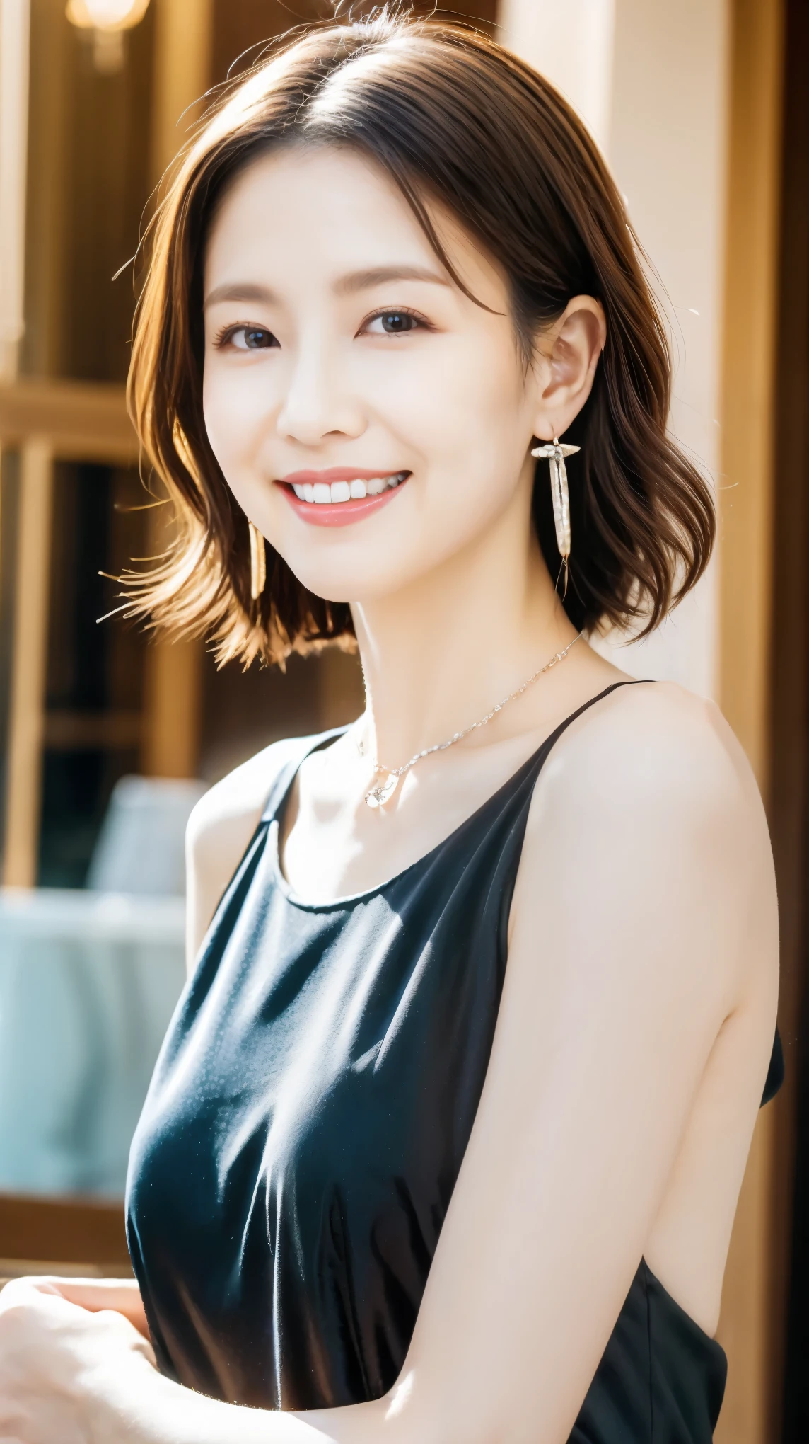 Highest quality,masterpiece,Ultra-high resolution,45Old Japanese woman,beautiful,The best smile,Slender figure,Gorgeous black dress,Flashy makeup with red eyeshadow,High heels,Curly Hair,Large ring earrings,Gorgeous Necklace,
