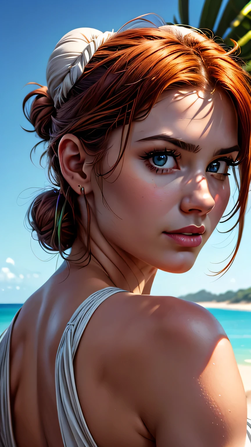 portrait, head shot, modelshoot style, head turned sideways, looking afar,
sablynn, 1girl, red hair, freckles, parted lips,
pony tail, sports bra, sweaty, sweat drops,
realistic, skin detail, detailed eyes,
outdoors, beach, depth of field, blurred background, cold volumetric lighting, masterpiece, best quality
<lora:Sabrina_Lynn_v3-06:0.8>