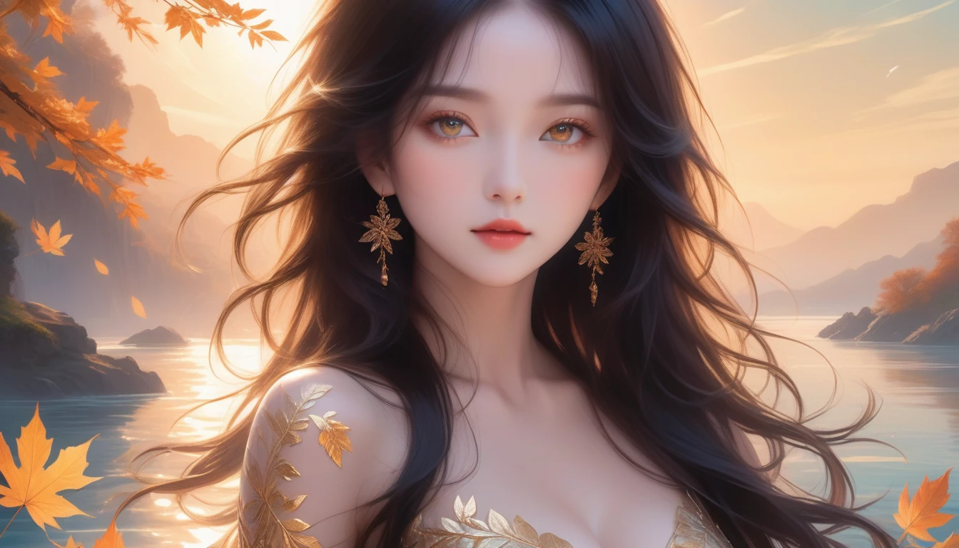 A Masterpiece In 32K Resolution, Supreme Quality, Super Detail, Official Art, Very High-Resolution 32K Wallpaper, Exquisite And Aesthetic, Ultra-Detailed Features, Awe-Inspiring Detail. A Mystical Landscape With (Falling Leaves), (Intricate Wind Patterns), And Skin With A Soft, Velvet Sheen (Highlight Her Ample Breasts). A Character With A Mysterious Expression, Flowing Black Hair, Slightly Tousled But Majestic, And Golden Eyes That Seem To Pierce Through The Soul. Her Features Are Delicate And Alluring, Lit By (Warm Sunset Glow). (Beautifully Detailed Beauty), With Subtle Shifts In Expression, Surrounded By An Otherworldly Aura. The Reflections On The Water Echo The Fine Details Of The Surroundings, With A (Timeless Face) Captured To Perfection. This Is An Ultra-Detailed Painting Of A Strikingly Delicate Figure, Showcasing An Ethereal Charm That Captivates The Viewer.