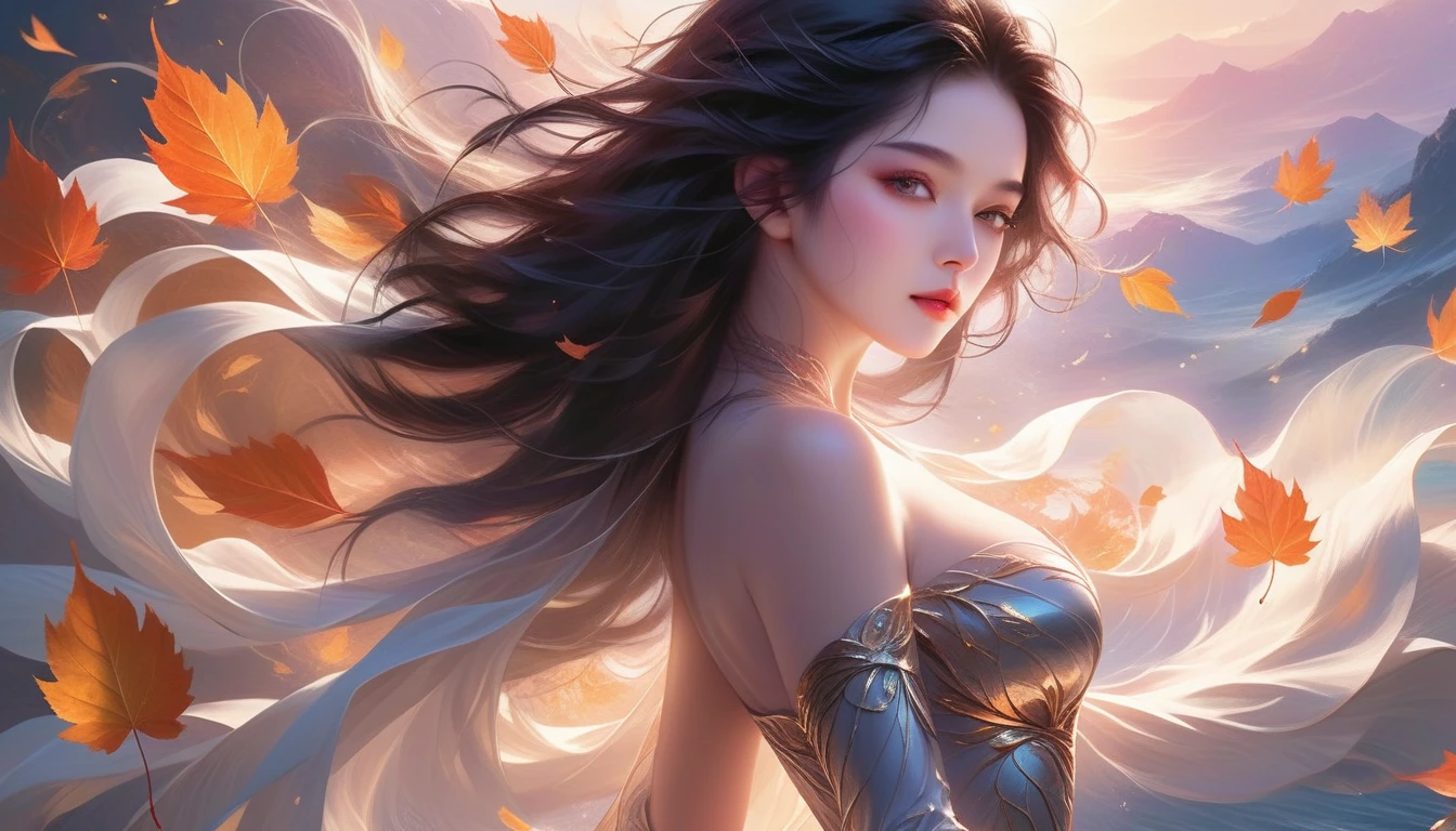 A Masterpiece In 32K Resolution, Supreme Quality, Super Detail, Official Art, Very High-Resolution 32K Wallpaper, Exquisite And Aesthetic, Ultra-Detailed Features, Awe-Inspiring Detail. A Mystical Landscape With (Falling Leaves), (Intricate Wind Patterns), And Skin With A Soft, Velvet Sheen (Highlight Her Ample Breasts). A Character With A Mysterious Expression, Flowing Black Hair, Slightly Tousled But Majestic, And Golden Eyes That Seem To Pierce Through The Soul. Her Features Are Delicate And Alluring, Lit By (Warm Sunset Glow). (Beautifully Detailed Beauty), With Subtle Shifts In Expression, Surrounded By An Otherworldly Aura. The Reflections On The Water Echo The Fine Details Of The Surroundings, With A (Timeless Face) Captured To Perfection. This Is An Ultra-Detailed Painting Of A Strikingly Delicate Figure, Showcasing An Ethereal Charm That Captivates The Viewer.