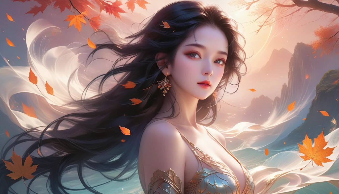 A Masterpiece In 32K Resolution, Supreme Quality, Super Detail, Official Art, Very High-Resolution 32K Wallpaper, Exquisite And Aesthetic, Ultra-Detailed Features, Awe-Inspiring Detail. A Mystical Landscape With (Falling Leaves), (Intricate Wind Patterns), And Skin With A Soft, Velvet Sheen (Highlight Her Ample Breasts). A Character With A Mysterious Expression, Flowing Black Hair, Slightly Tousled But Majestic, And Golden Eyes That Seem To Pierce Through The Soul. Her Features Are Delicate And Alluring, Lit By (Warm Sunset Glow). (Beautifully Detailed Beauty), With Subtle Shifts In Expression, Surrounded By An Otherworldly Aura. The Reflections On The Water Echo The Fine Details Of The Surroundings, With A (Timeless Face) Captured To Perfection. This Is An Ultra-Detailed Painting Of A Strikingly Delicate Figure, Showcasing An Ethereal Charm That Captivates The Viewer.