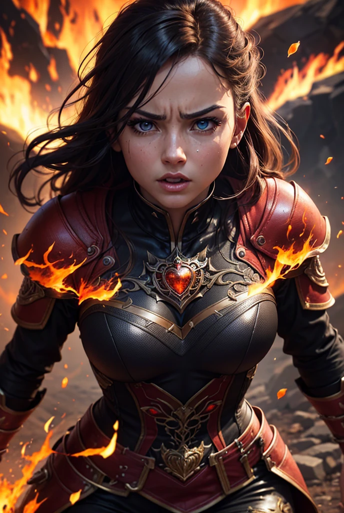 highest quality, Super detailed, (ultra high resolution,8K), Ultra-high definition 4K, Proper Lighting, realistic texture, movie light effects, (perfect anatomy, anatomically accurate), (One woman with big breasts has sexy charm), (Paladin), (Beautiful armor of hellfire that covers the whole body:1.6), (sharp look), ((flaming cloak)), (surrounded by detailed flames:1.5), silver hair, (ponytail), (dynamic composition), High-definition facial beauty, (Beautiful blue eyes like sapphires), (open your mouth), photorealistic, shiny skin, (fine-textured skin,hair ), Magma erupting with force, Crystal clear and clean water, (((midnight, dark))), (Decisive pose:1.3), (Hold a detailed beautiful sword), fire,floating,flame,magic,glowing, shinkai makoto