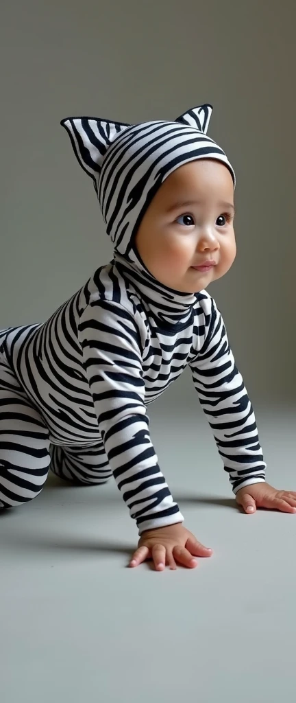 The beautiful Chinese asian adult girl with beautiful cheeks wears plains zebra print lycra turtleneck unitard catsuit covered with stripes and plains zebra print lycra elastane stretchy dancewear 100% stretchy hijab-like 100% stretchy zentai hijab hood.She is happy to crawl.She always put fake cat whsikers and nose that are made of black makeup marker pen.
