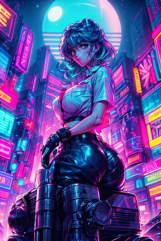 A sexy woman in 80's cloths, a see through white shirt, and a gym pants, big ass, in 1985 city scenario, neon lights, night time, big ass, big tits 