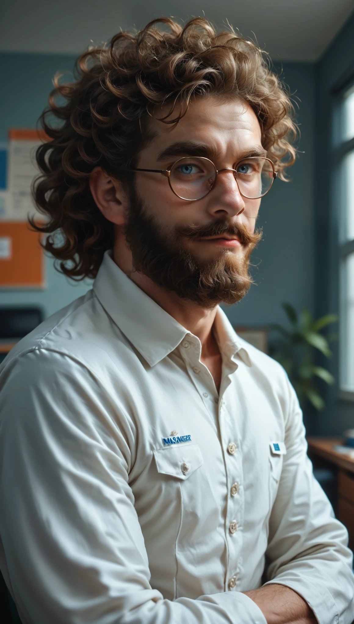 solo, 1man, tall male, athletic build, (beard:1.4), (mustache:0.8), broad shoulders, strong jawline, blue eyes, brown hair, (medium hair:1.0), wavy hair, (thick hair:1.2), light olive skin, soft smile, looking at viewer, (manager's office:1.2), glasses, realistic, (bulge:0.4)