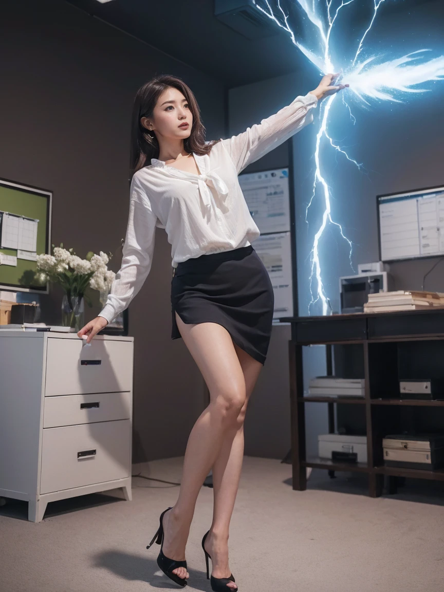 ((Highest quality、8k、masterpiece:1.3))、Realistic, Sharp focus, High resolution, High resolution,  alone, Full body photo、Japanese, Beautiful woman,blouse、skirt、High heels、Unleash your power、Explosive Energy、thunder、Kamehameha,(((office)))