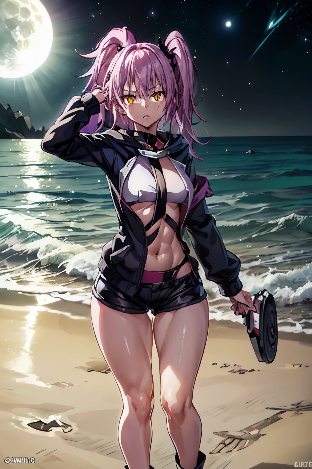 (1 anime girl with purple hair), (((on the beach at night with starry sky and full moon in the sky))), alone, yellow eyes, (short hair), side ponytail hair, purple hair, looking for me, ((Lastly)), Wearing bikini shorts, (((side ponytail))) , (((toned legs))), thick muscular thighs, slim waist, muscular stomach, hands on hips, bare feet, medium breasts, eye reflection, glowing eyes, bad mood, anime, anime style, cinematic lighting, ray tracing, canon, panorama, 8k, hard drive, masterpiece, accurate, anatomically correct, super detail, high quality, high, hard drive, 16k