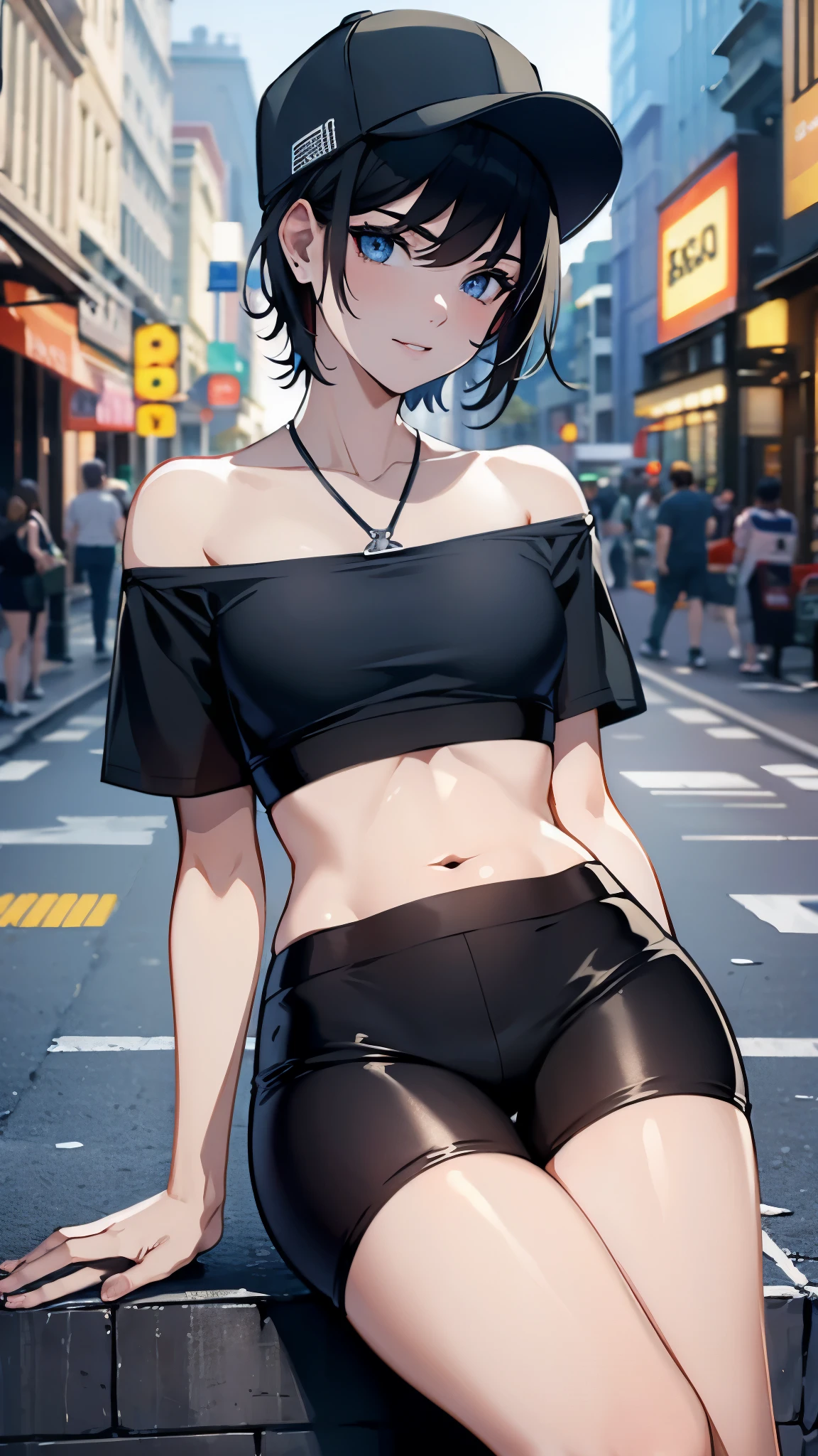 anime screencap, city, 1girl, solo, short hair, black hair, purple eyes, looking at the viewer, hair between eyes, closed mouth, smirk, sweatshirt, lower chest, sleeveless, short shorts, female groin, bare legs, big ass, chubby legs, cum bathed, cum on hair, drinking cum