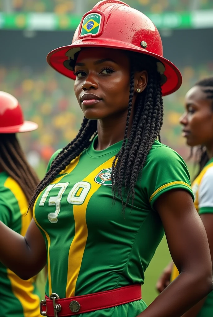 Brazil cheerleading uniform, assuming Brazil had cheerleaders, with glitter and long sleeves for women