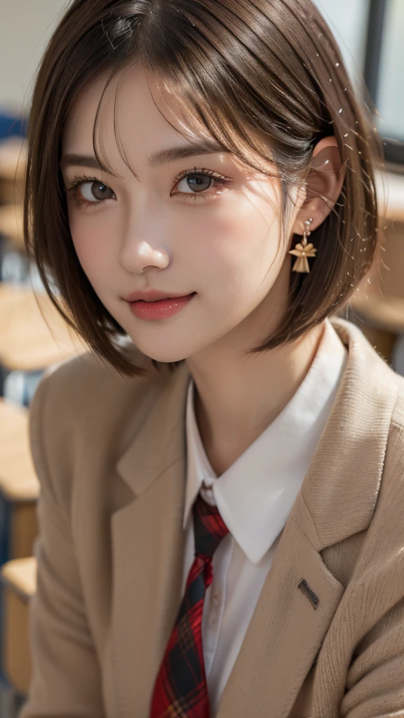 (A beautiful and cute high school girl in a school uniform is in a high school classroom during lunch break, She is wearing a blazer and a plaid pleated skirt as her uniform, with a red ribbon accent around her collar:1.3), 
BREAK 
(Photorealistic, 32k, RAW photo, best quality:1.4), (masterpiece:1.3), (absurdres, attractive, ultra high resolution, ultra realistic, highly detailed, golden ratio, ultra detailed), 
BREAK 
1 beautiful woman, super fucking beautiful detailed face, natural makeup, intricate cloth texture, finely detailed hair texture, beautiful detailed full-body, perfect female form, accurate, Anatomically correct, Highly detailed face and skin texture, (beautiful elegant hands), (realistic skin), (beautiful pale skin:1.1), beautiful Breasts, 
(Perfect dynamic composition, looking at viewer, extreme close-up:1.8),
BREAK 
(School uniform, blazer & plaid pleated & red ribbon accent around her collar, detailed cloth texture), (Earrings), 
BREAK,
realistic eyes, beautiful detailed eyes, symmetric eyes, captivating detailed eyes, light brown eyes, double eyelids, thin eyebrows, (glossy lips:1.4), (kissable expression, blush:1.3), (beautiful smile:1.1), 
BREAK,
((short bob cut, dark brown hair, bangs:1.2)), (Daytime, classroom:1.3)