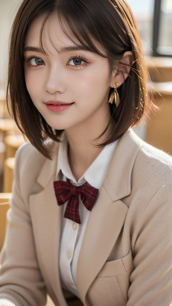 (A beautiful and cute high school girl in a school uniform is in a high school classroom during lunch break, She is wearing a blazer and a plaid pleated skirt as her uniform, with a red ribbon accent around her collar:1.3), 
BREAK 
(Photorealistic, 32k, RAW photo, best quality:1.4), (masterpiece:1.3), (absurdres, attractive, ultra high resolution, ultra realistic, highly detailed, golden ratio, ultra detailed), 
BREAK 
1 beautiful woman, super fucking beautiful detailed face, natural makeup, intricate cloth texture, finely detailed hair texture, beautiful detailed full-body, perfect female form, accurate, Anatomically correct, Highly detailed face and skin texture, (beautiful elegant hands), (realistic skin), (beautiful pale skin:1.1), beautiful Breasts, 
(Perfect dynamic composition, looking at viewer, extreme close-up:1.8),
BREAK 
(School uniform, blazer & plaid pleated & red ribbon accent around her collar, detailed cloth texture), (Earrings), 
BREAK,
realistic eyes, beautiful detailed eyes, symmetric eyes, captivating detailed eyes, light brown eyes, double eyelids, thin eyebrows, (glossy lips:1.4), (kissable expression, blush:1.3), (beautiful smile:1.1), 
BREAK,
((short bob cut, dark brown hair, bangs:1.2)), (Daytime, classroom:1.3)