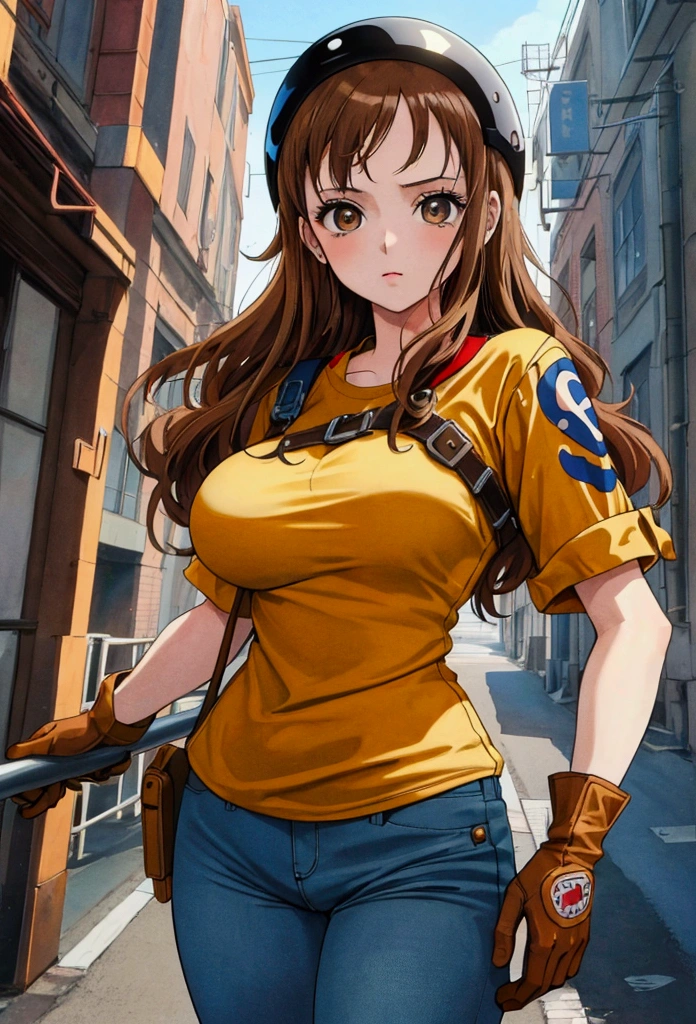 Best Quality, masterpiece, High resolution, soradigital, 1 girl,Alone, blue helmet, Brown hair, Brown eyes, red gloves, yellow shirt, jeans,1980s \(style\), looking at the viewer, big breasts,