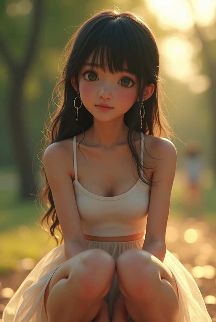imagine a beautiful 18 year old American unabashed hippie girl with beautiful large realistic full luscious natural breasts at the Woodstock concert in 1969., long wavy tousled black hair with hippie style headband, many braids and ribbons, wreath, grey-blue eyes, ultra realistic eyes, stoned look, tanned skin, natural tan, wear hippie clothes, cropped translucent linen sundress in hippie style with embroidery on the naked body, barefoot, psychedelic jewelry, hippie berry earrings, hippie acorn necklace, Ultra detailed face, Ultra realistic skin, the body of the fugitive, 8 K, ultra high resolution.photorealistic, UHD close-up shot, I look at the viewer, hovering gaze, wide good-natured smile, Stone Face, relaxed, (Peace and Love, Woodstock 1969 atmosphere, Outdoor rock concert in the background:1.3), RAW photo, spicy, whole body