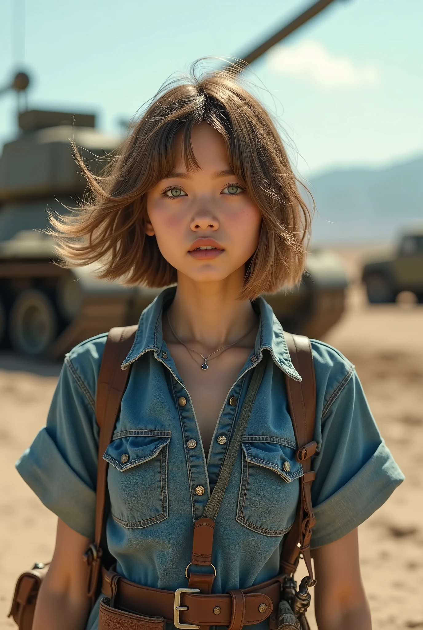 Highest quality, (dramatic lighting:0.7), masterpiece, high angle shot, RAW photo of (pale 21 year old woman with short hair, looking up at the viewer), cute, (wearing Tattered combat fatigues, Disheveled), (sitting inside a tank), portrait, perfect face, alluring eyes, vivid detail, (highly detailed skin), freckles, sfw, (blue tint:0.6), (:0.8), (bloody:0.7), key lighting, (backlighting:0.5), medium depth of field, photographed on a Canon 5D, 50mm lens, F/4 aperture, (hyperdetailed, intricate details), sharp focus, muted colors, 8k, absurdres, 8mm film grain, war photography