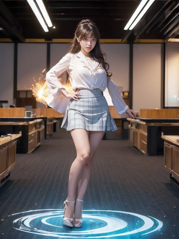 ((Highest quality、8k、masterpiece:1.3))、Realistic, Sharp focus, High resolution, High resolution,  alone, Full body photo、Japanese, Beautiful woman,blouse、skirt、High heels、Unleash your power、Explosive Energy、thunder、Kamehameha,(((office)))