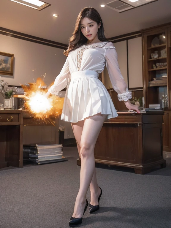 ((Highest quality、8k、masterpiece:1.3))、Realistic, Sharp focus, High resolution, High resolution,  alone, Full body photo、Japanese, Beautiful woman,blouse、skirt、High heels、Unleash your power、Explosive Energy、thunder、Kamehameha,(((office)))