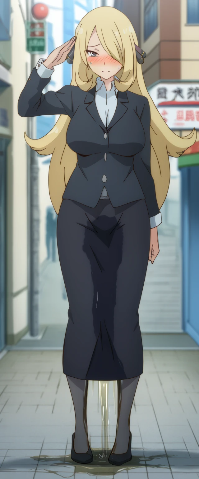 (high quality,Very detailed:1.37, High resolution), 2d, anime, anime style, anime source, Woman, Cynthia \(Pokemon\), business suit, necktie, (long skirt:1.25), (pencil skirt:1.5), pantyhose, huge breasts, cleavage, looking at viewer, masterpiece, best quality, (wetting self:1.5), desperation, embarrassed, humiliation, (blushing:2.0), standing, (salute:1.5), city