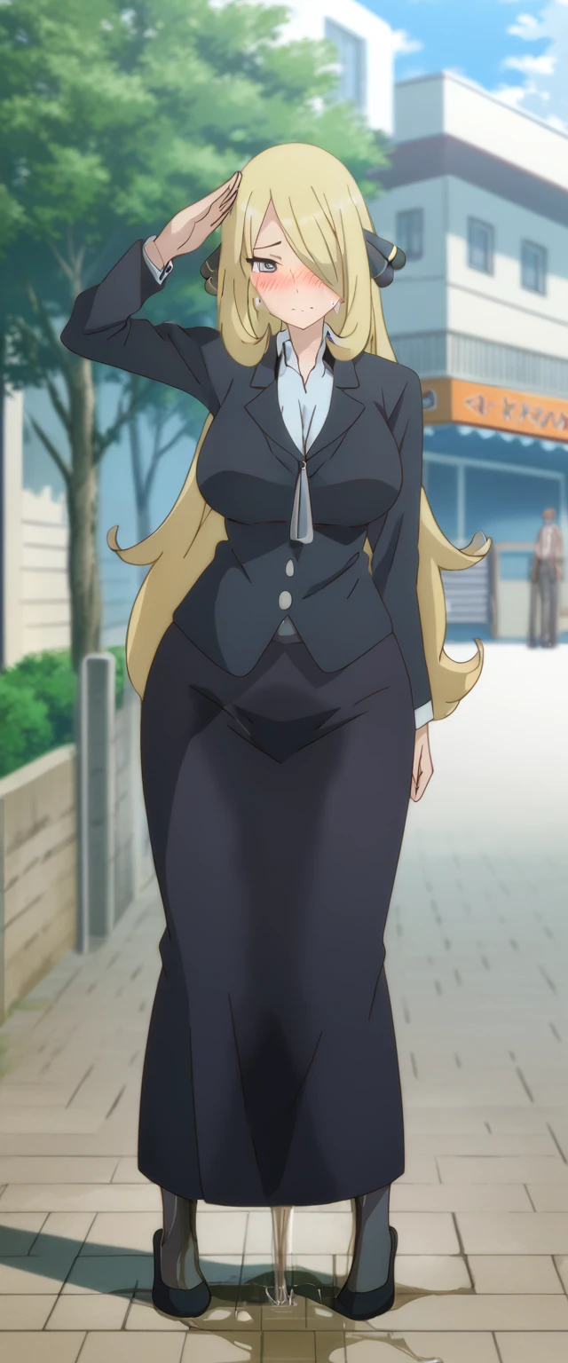 (high quality,Very detailed:1.37, High resolution), 2d, anime, anime style, anime source, Woman, Cynthia \(Pokemon\), business suit, necktie, (long skirt:1.25), (pencil skirt:1.5), pantyhose, huge breasts, cleavage, looking at viewer, masterpiece, best quality, (wetting self:1.5), desperation, embarrassed, humiliation, (blushing:2.0), standing, (salute:1.5), city