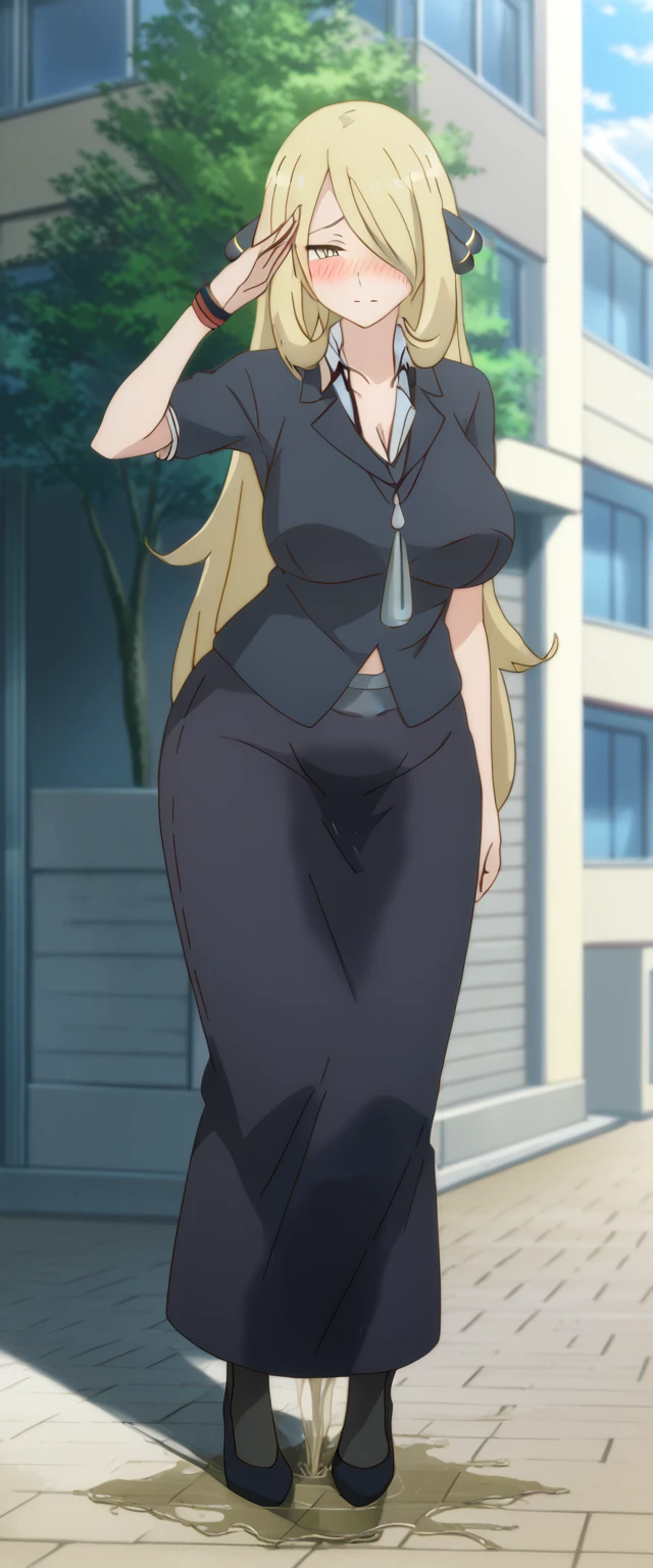 (high quality,Very detailed:1.37, High resolution), 2d, anime, anime style, anime source, Woman, Cynthia \(Pokemon\), business suit, necktie, (long skirt:1.25), (pencil skirt:1.5), pantyhose, huge breasts, cleavage, looking at viewer, masterpiece, best quality, (wetting self:1.5), desperation, embarrassed, humiliation, (blushing:2.0), standing, (salute:1.5), city