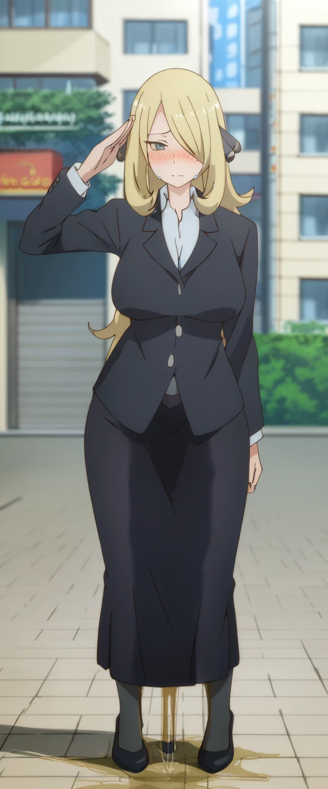 (high quality,Very detailed:1.37, High resolution), 2d, anime, anime style, anime source, Woman, Cynthia \(Pokemon\), business suit, necktie, (long skirt:1.25), (pencil skirt:1.5), pantyhose, huge breasts, cleavage, looking at viewer, masterpiece, best quality, (wetting self:1.5), desperation, embarrassed, humiliation, (blushing:2.0), standing, (salute:1.5), city